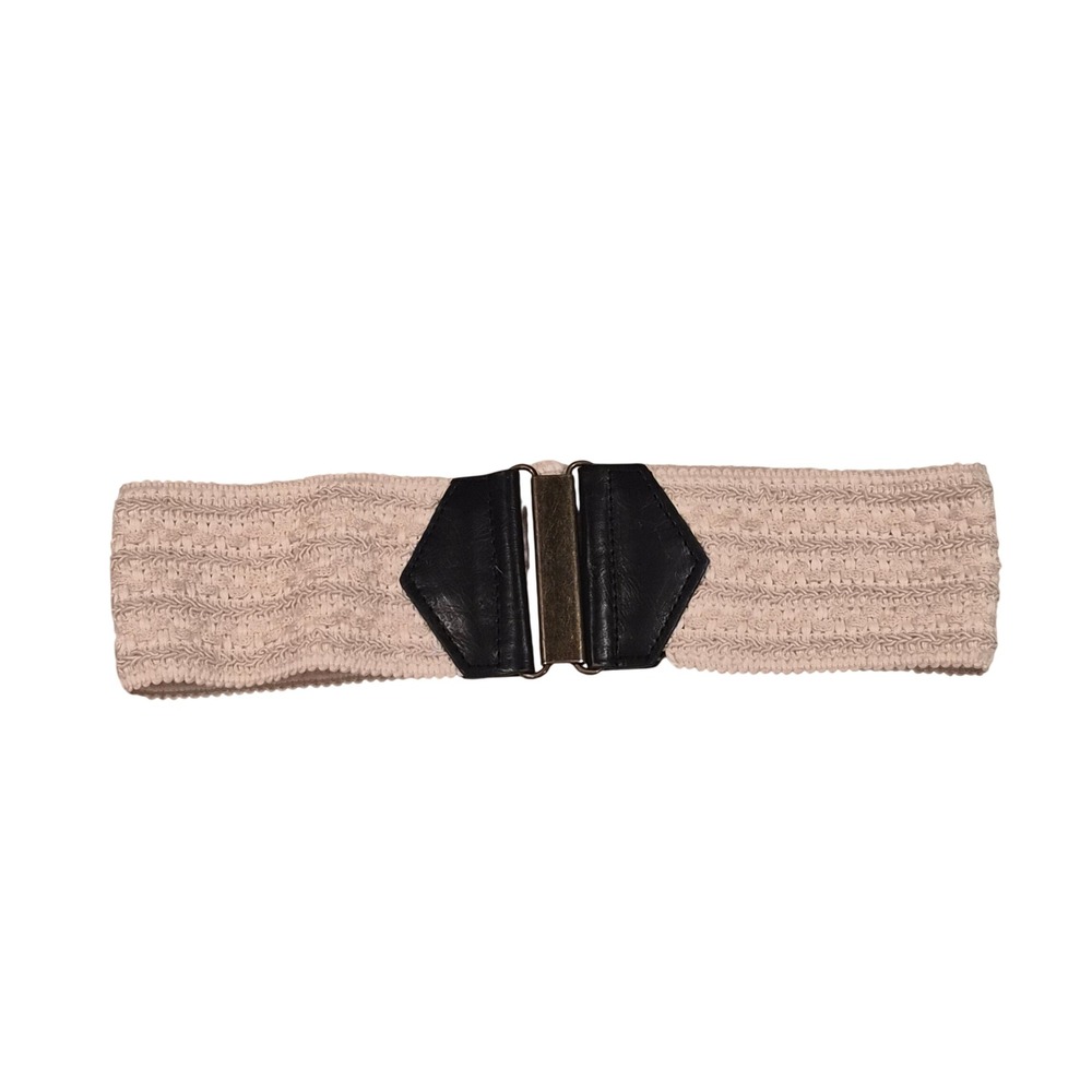 Cream Wide Cinch Elastic Belt Black Faux Leather Brass Buckle Boho Waist Belt